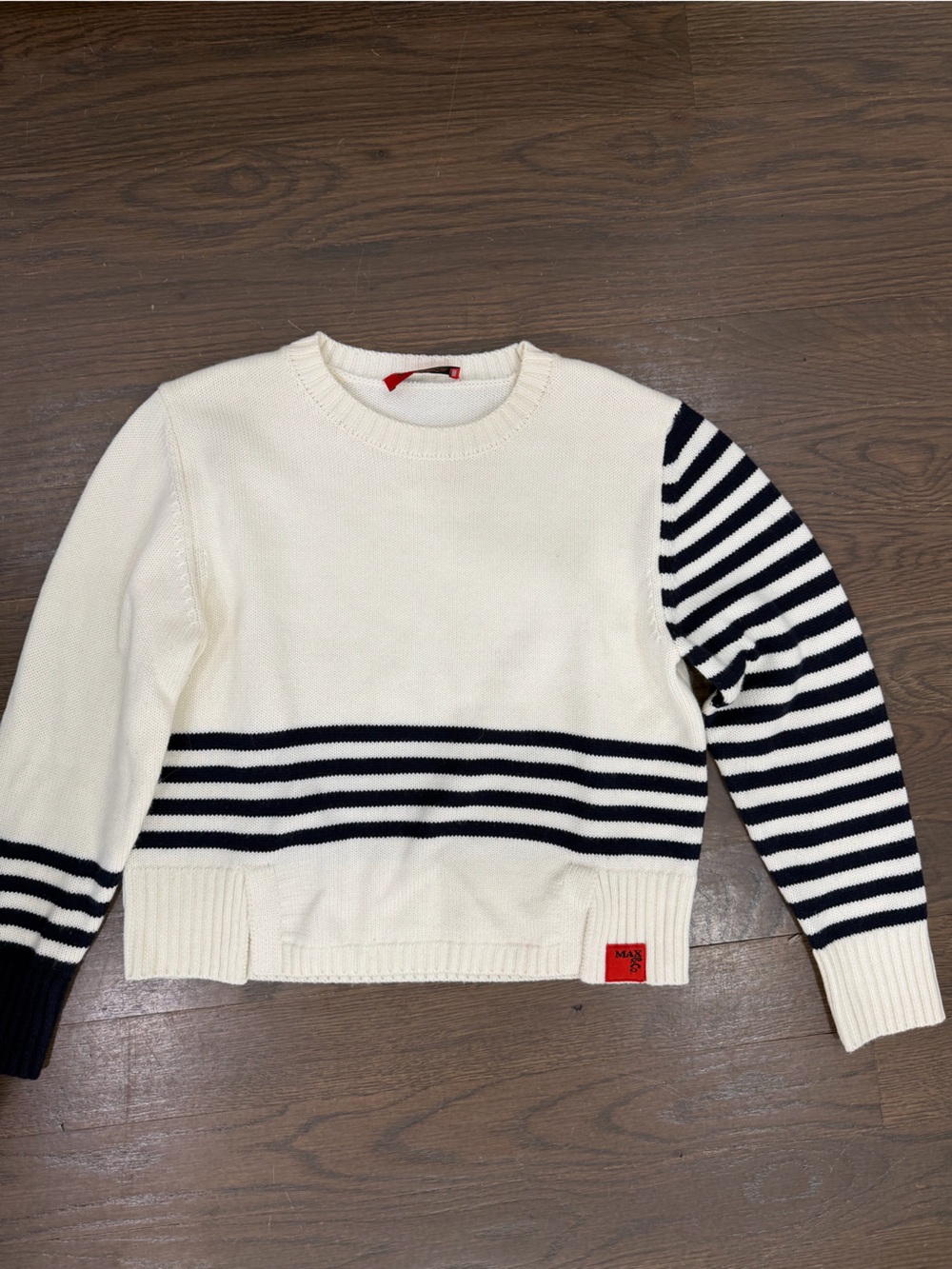 Max & Co. Cream Sweater with Black Stripes and Red Logo Tag